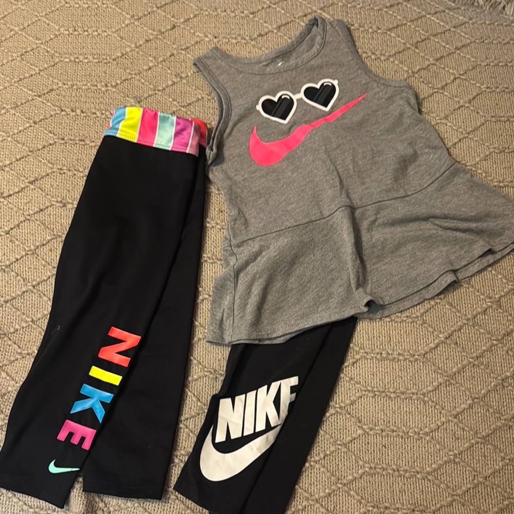 Nike Kids' Gray Tank Top and Black Leggings Set, Multicolored (gently worn)